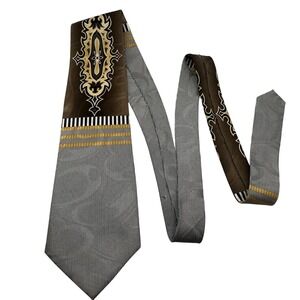 Rapheala 100% Silk‎ Tie Brown Black White Stripe Ornate Pattern Men's Necktie